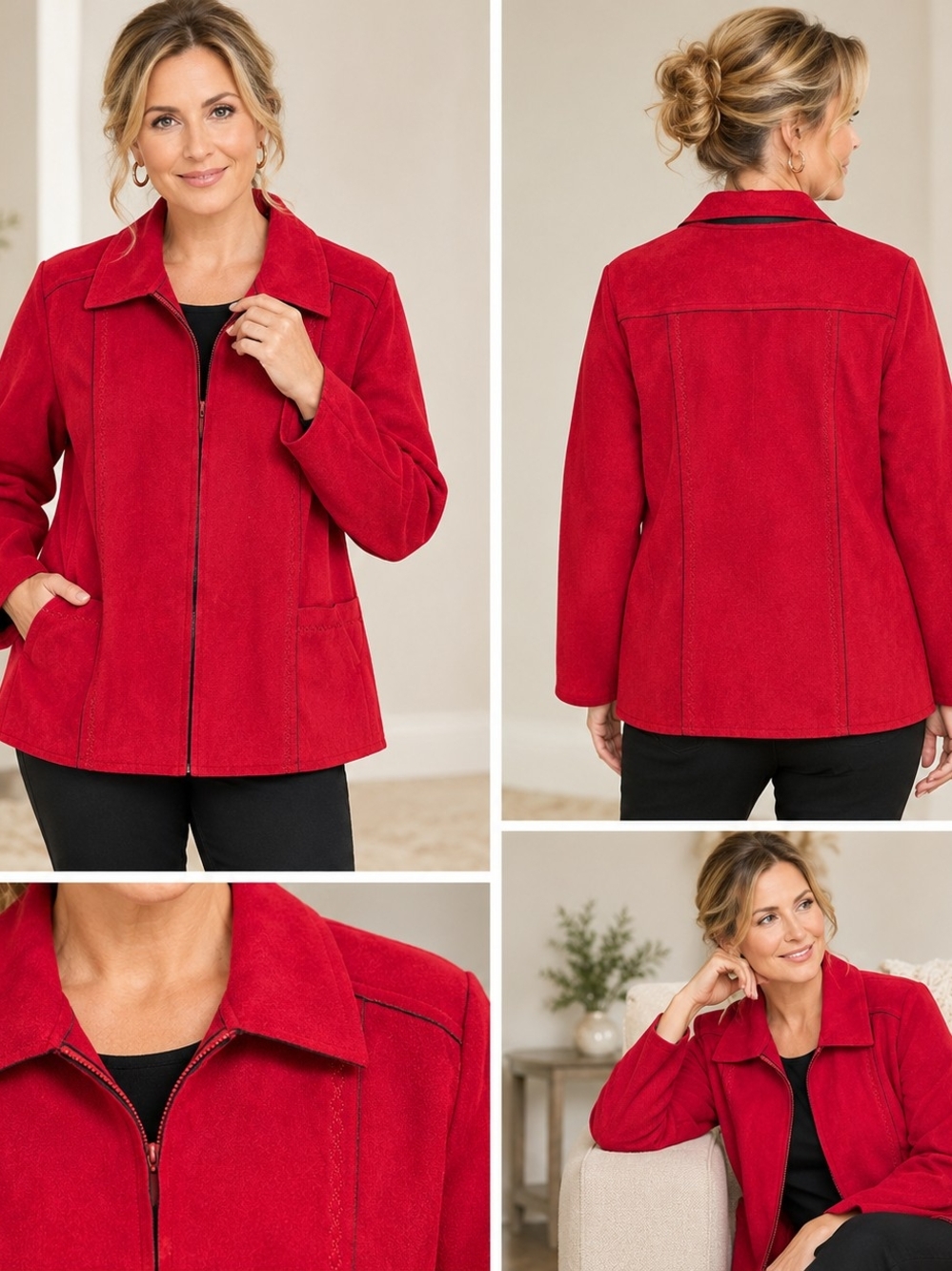 Alfred Dunner Red Embroidered Faux Suede Zip Front Jacket